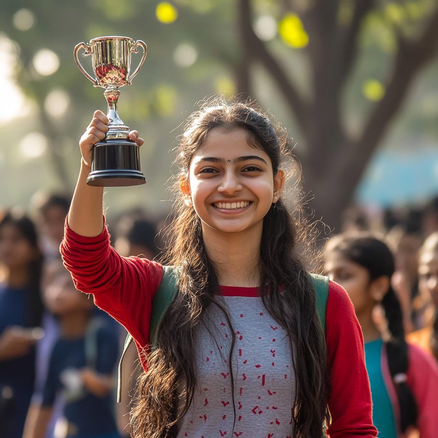 Student holding trophy at AEIOU awards ceremony
